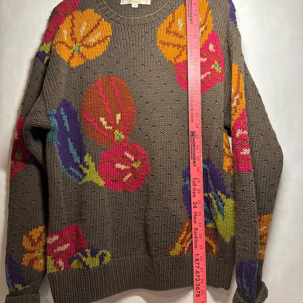 RARE Vintage Eggplant Veggie Adult Humor Perry Ellis Knitted By Hand Sweater Med - Picture 5 of 7